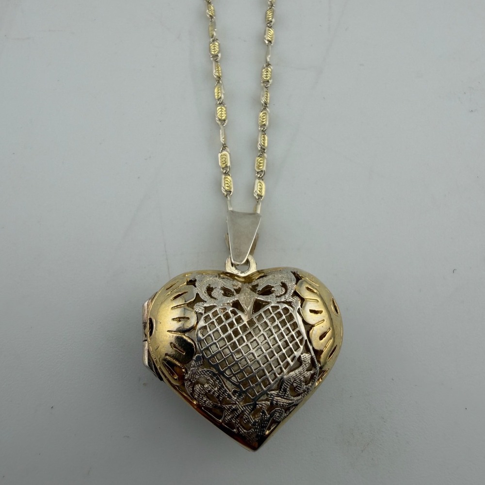 Danecraft Heart Locket‎ Necklace Two Tone Excellent Filigree Sterling 925